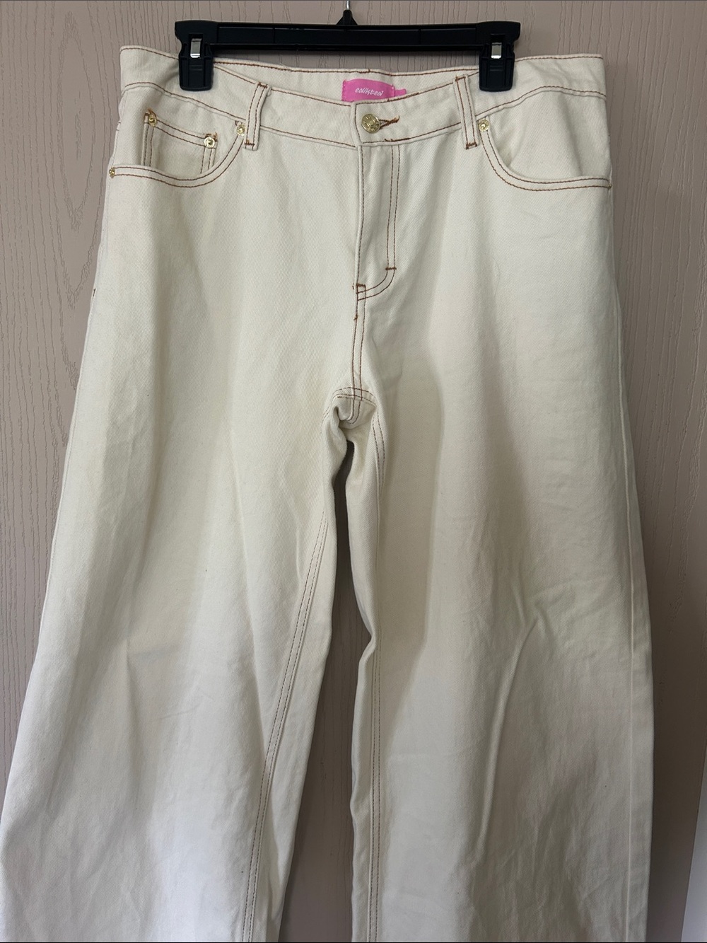 Edikted Cream Wide Leg Jeans with Gold Hardware